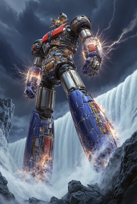  very realistic version of the modified Mazinger Z ,  is in a battle pose while leaning forward at 100 meters high　Attack from Niagara Falls　Bad weather being remodeled to Great Mazinger　storm　thunder　blast