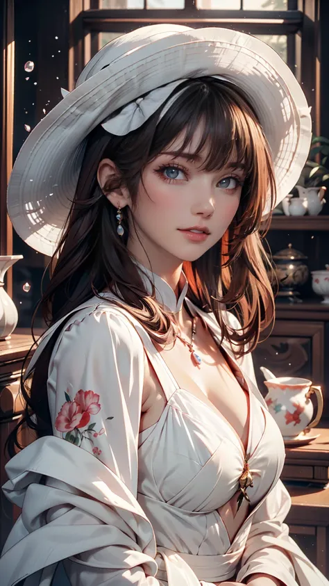  Arabian Woman Wearing a White Hat and Dress with Red Lipstick, pale  Porcelain White Skin , Gwaiz, Gwaiz masterpiece, artwork in the style of Gwaiz,  Soft Portrait Shot 8K,   Pale Ghost Girl  ,  Porcelain White Skin ,  by Russell Dongjun Lou ,   Light Mil...