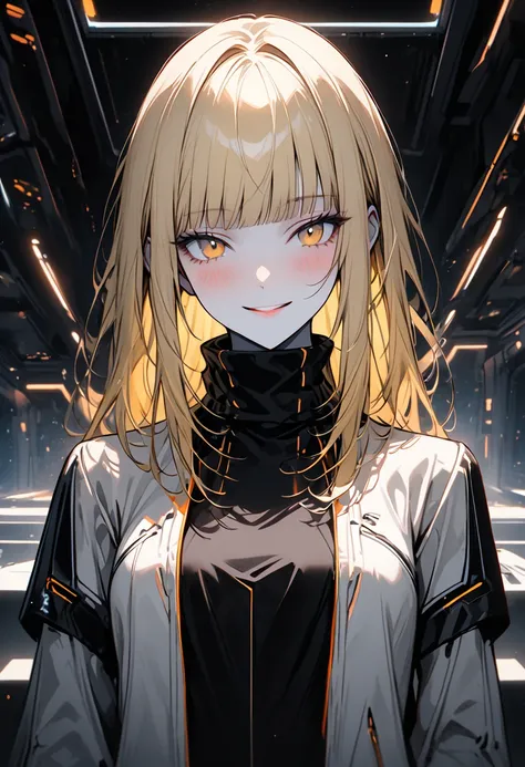  alone, female, long and straight yellow hair, straight bangs, hime cut,  golden eyes, slender, Tune, very high, Black turtleneck,  elegant space clothes ,  pale white skin , Elegant,  medium breasts, window, spacebase , close up,  futuristic , increases:0...