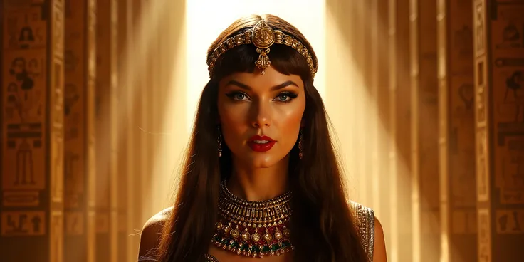 The image showcases a striking portrayal of Cleopatra, set against an ancient Egyptian backdrop. The composition is rich with intricate hieroglyphs and grand stone architecture, framing the character in a regal manner. Cleopatra is adorned in opulent jewel...