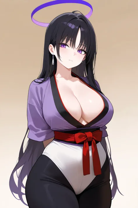 1 girl, Hair length reaches the back, Black hair and purple on the edges of the hair, purple eyes, but not bright, curvy body, wear a sexy samurai outfit, หน้าอกไซส์ปานกลาง, have a purple halo, have a silver earring