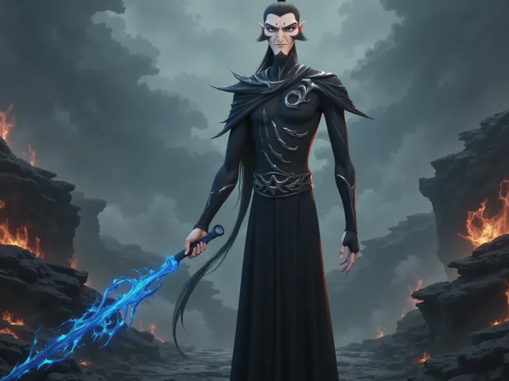 ( masterpiece, highest quality:1.2), Game anime characters, alone,beard, Black Robe ,slim。Holding a blue sword in his hand。flame,cliff,Ominous clouds