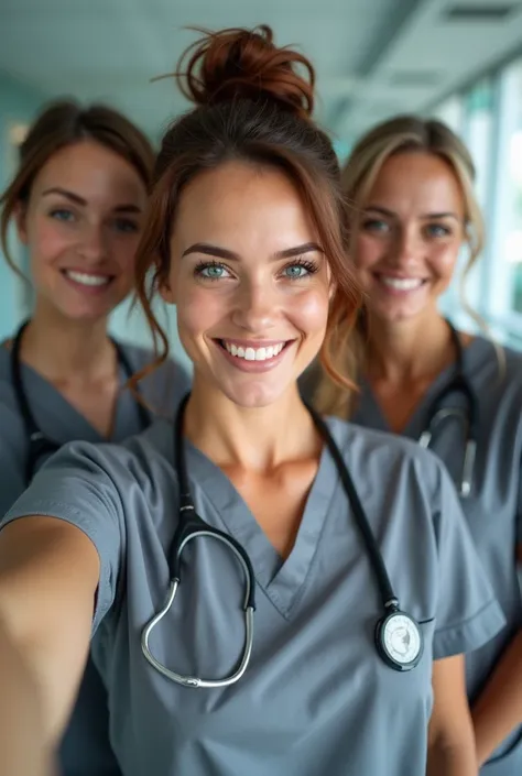 (photorealism:1.2), group of women,  beautiful women, selfie,  at hospital nursing station, wearing heather grey scrubs,  one with dark auburn hair in messy bun, another with long brown hair, another with short blonde hair, attractive, smiling, High Resolu...