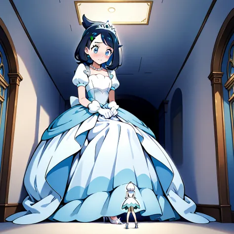 1 girl, {Liko (Pokémon)} {{Cinderella}}, A giant girl lying on side in a room, her head is pressing the ceiling, stuck inside the room, blue eyes, blushed, uncomfortable, silver tiara, Pearl necklace, silver earrings, White dress, long dress, princess dres...