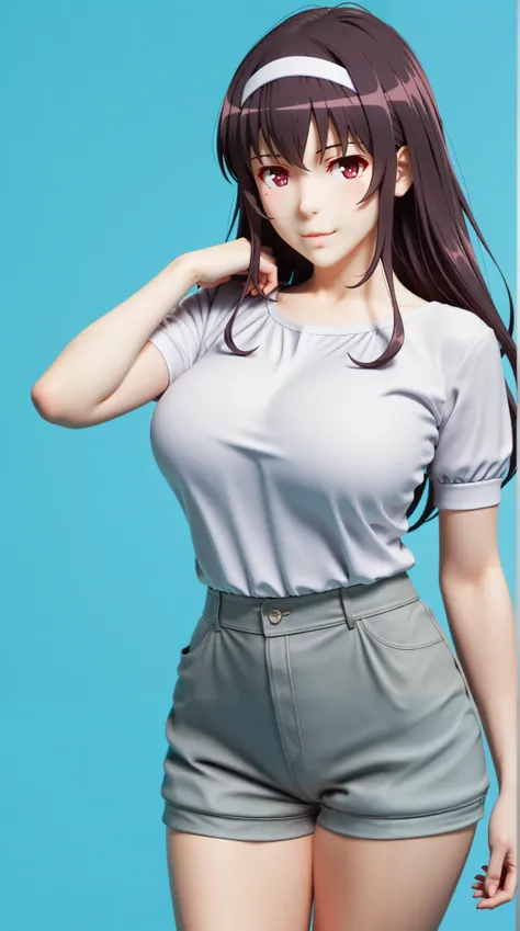 masterpiece, extremely detailed,4k,2D mixed 3D,solo,1girl,adult ,((fullbody)),kasumigaoka utaha,slim body, sexy legs,perfect body,perfect skin texture,large breasts,housewife,grey short pants, oversize white tshirt, soft light, high detailed, best quality,...