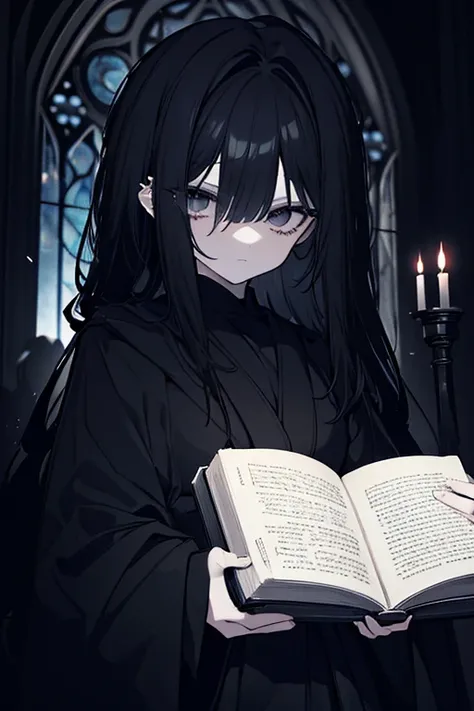 A dark and mysterious cult leader, detailed facial features, long black hair, piercing eyes, dark robes, holding an ancient tome, dark ritual, occult symbols, moody lighting, gothic cathedral interior, dramatic shadows, eerie atmosphere, grim and unsettlin...