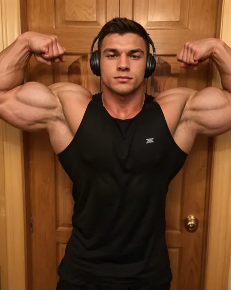 A very masculine and manly 20-year-old man of Polish origin with headphones standing in front of a door,  Big Biceps , flexing  large muscles ,  large muscles ,  massive muscles ,  Huge muscles ,  vascular veins , IFBB body ,  very beautiful.  large muscle...