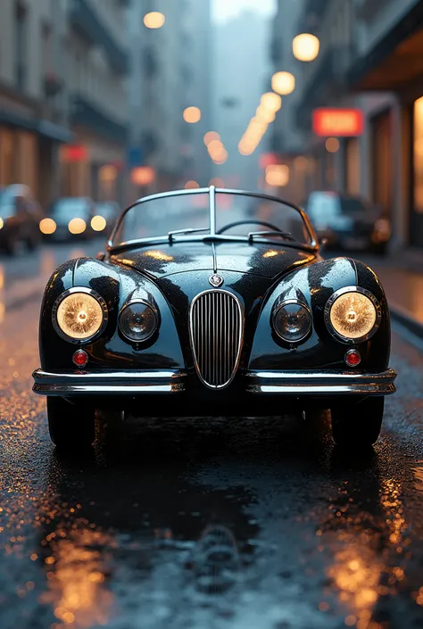 Jaguar XK-SS 1957, detailed classic car, glossy black paint, chrome accents, reflection on a wet road, dramatic lighting, photorealistic, cinematic composition, detailed interior, engine close-up, ultrarealistic, 8k, high resolution, masterpiece, studio li...