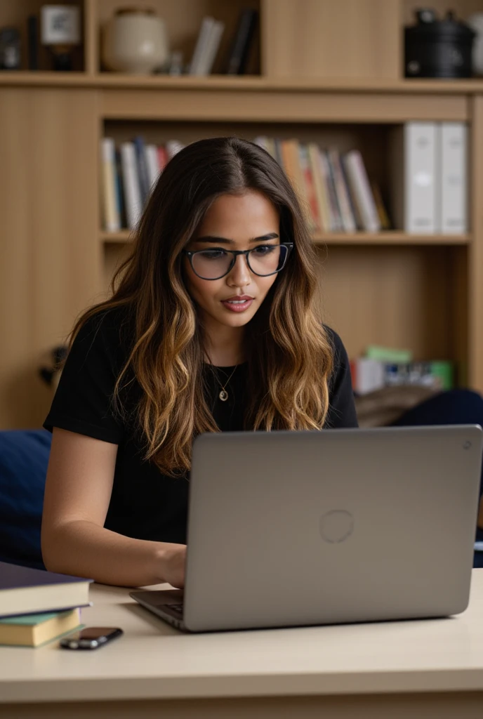 concentrating facial expression on her face, size 10, olive skin, long wavy brown hair with subtle blonde highlights. Sat at a desk, studying on a laptop, in a university dorm room.  wearing black large frame reading glasses