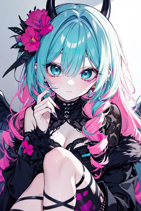 a beautiful woman with pink and turquoise hair, long eyelashes, curly hair, fallen angel, turquoise blue eyes, succubus, piercings, dangerous beauty, blood splatter, fallen angel