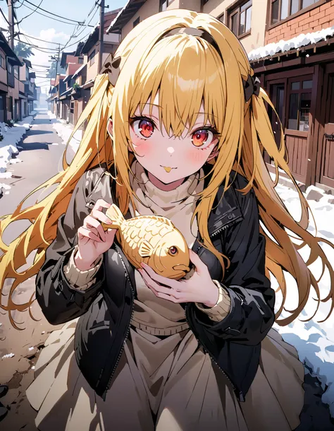 toloverudarkness, darkness, yellow hair,  long hair,  red eyes ,  Hair Ornament,White hair band ,White muffler, black down coat ,( sweater  :1.2),(  turtleneck:1.2), white long skirt, boots,Walking around eating with taiyaki in one hand,Eating taiyaki ,sno...