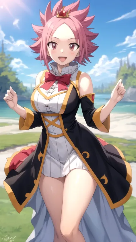 masterpiece, best quality, high quality, girl, solo, looking at viewer, natsu_dragneel, large breasts, princess connect Re:Dive cosplay, princess Dress, standing, smile, open mouth, outdoors 