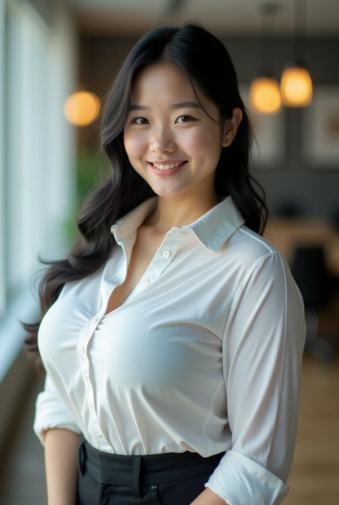 A mid body picture of a very pretty white girl 18 years old, light skin, random style black hair, smiling (looking at viewer),  super tight fitting office shirt (exposing massive breasts), photo realistic, Best quality at best, employee, Detailed face, dif...