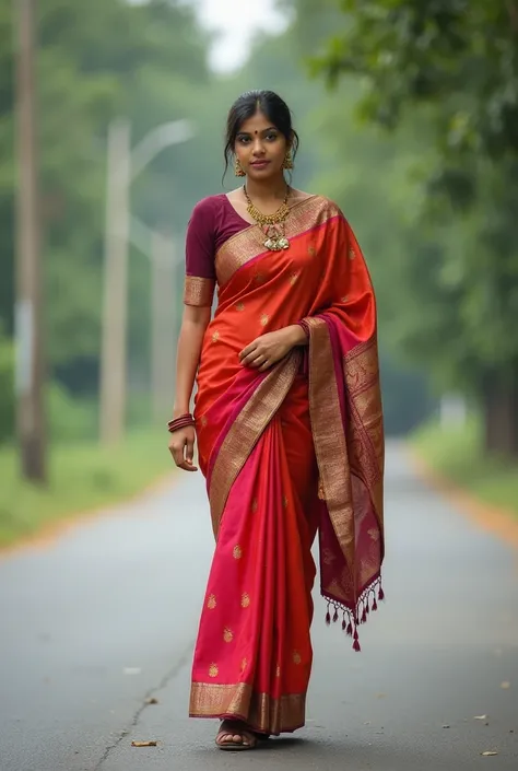 A Kerala girl with fair skin, waist size 90 cm, 26 years old, blouse color maroon, blouse sleeve length 3/4 cm, saree color sandalwood color, walking along the 6-lane road near the big town.no ornaments 
, potrait photo,full photo, beautiful legs, high hee...