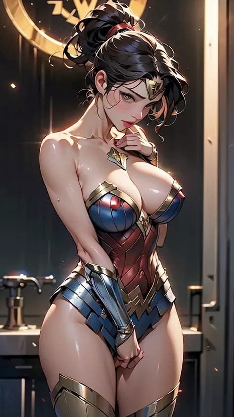 nsfw, best quality, ultrathin, masterpiece, fine details, high resolution, 8K wallpaper, Wonder Woman,Beautiful,Long dark hair tied up,huge breasts,  ponytail , wearing a white degage dressing,