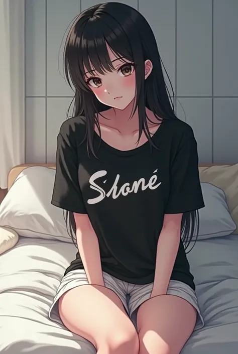 anime t shirt black white white skin she sit in the bed she have 32age 