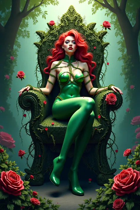 Poison Ivy sits on a throne of vines. the vines entangle her and penetrate her sexually. as she moans in pleasure, her tongue grows into a long vine and roses bloom from her nipples.