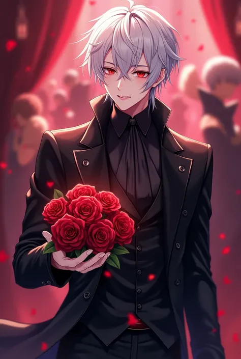 A man with , White hair.  Red-eye, , pale skin and elegant black clothes .  gives you red roses , , and smiles at you with a party background.  anime-style  