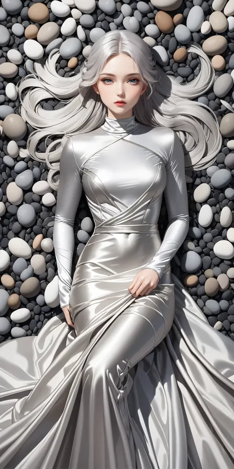 Portraiture、(masterpiece,Highest quality,Ultra-high resolution),Japanese women with silver hair, (((Very beautiful 25 year old girl)))、(She is wearing a shiny light silver satin long sleeve outfit..)、The dress has a simple design without any patterns...、((...