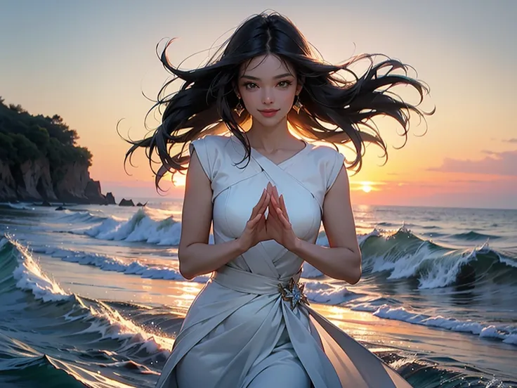 Vibrant oil painting. Medium shot. A young dark black hair woman stands on the deck of a luxurious yacht, exuberant smile, holding up her 🫶 heart hands, set against a breathtakingly beautiful sunset on the horizon, with crystal blue waters and a splash of ...