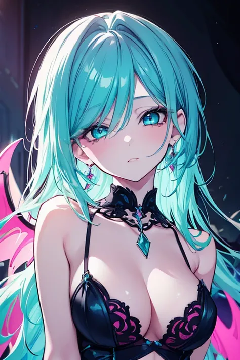 1girl, beautiful pink and teal hair, turquoise blue eyes, earrings, succubus, detailed face, elegant pose, dramatic lighting, vibrant colors, intricate details, cinematic composition, digital art, hyperrealistic, 8k, photorealistic, masterpiece