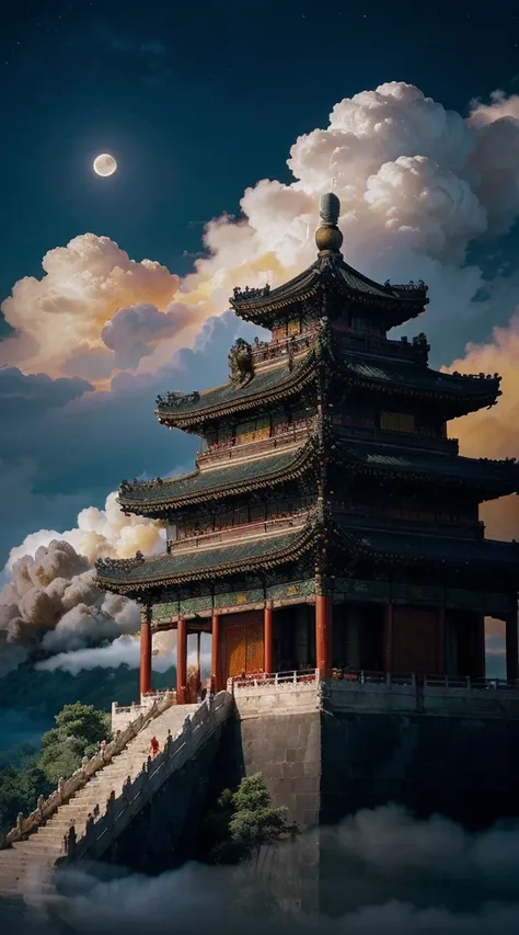  at night，moon，Game scene ， The ancient palace of China is located above the clouds.，Surrounded by clouds， elegant men ，Beautiful ，Buddha Statue，lamp， Beautiful colors ， in the front area, there are three arches. ((Color ink)),( (Splash ink ) ), ((Splash i...