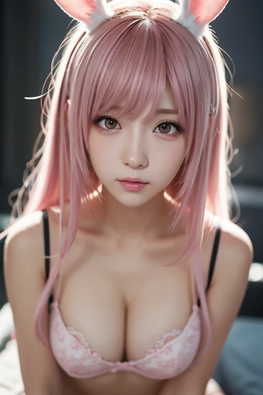  There are cute and sexy girls,  pink hair ,  bunny girl,  ultra-realistic  ,  Detailed Lighting, Anime, Have  