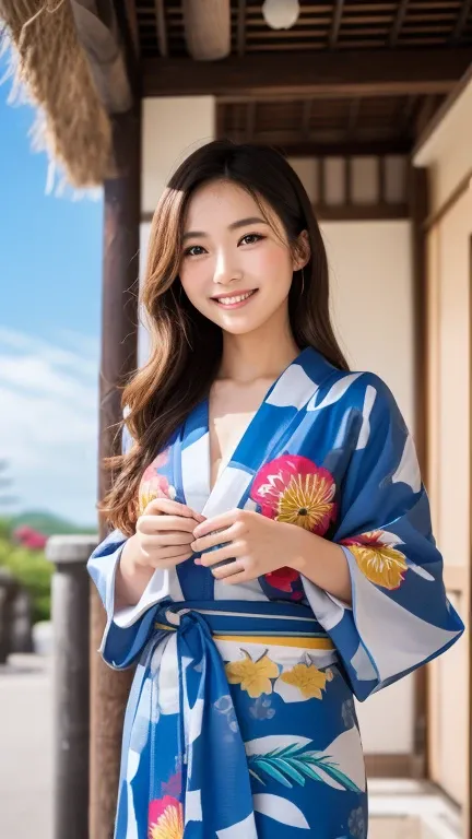 シーサーの日
An exotic Okinawan beauty with long, sun-kissed brown hair, wearing a vibrant floral yukata. She stands beside a pair of traditional shisa statues, smiling warmly against a bright blue sky. Tropical vibes, ultra-detailed, culturally inspired."