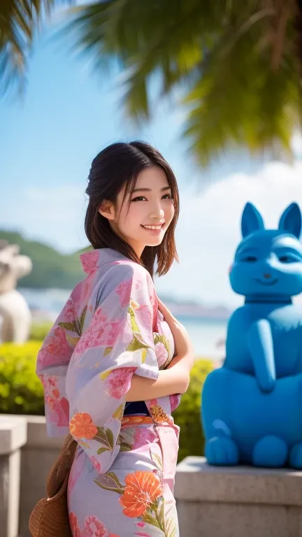 シーサーの日
An exotic Okinawan beauty with long, sun-kissed brown hair, wearing a vibrant floral yukata. She stands beside a pair of traditional shisa statues, smiling warmly against a bright blue sky. Tropical vibes, ultra-detailed, culturally inspired."