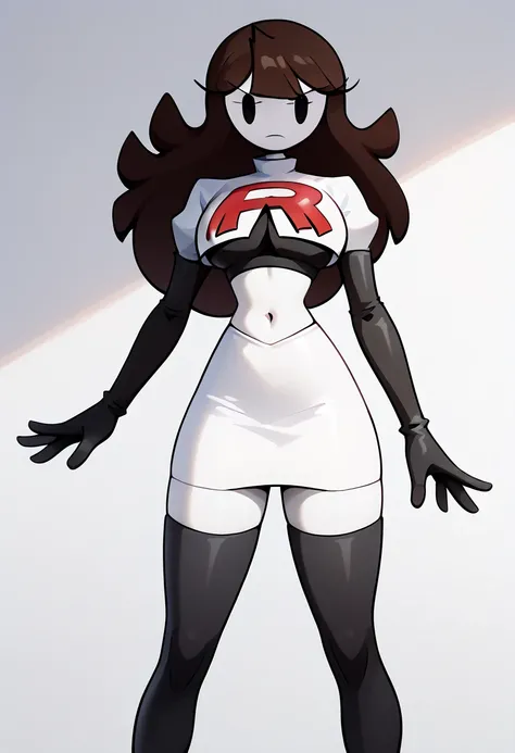 (jaiden-A)(white skin)(long hair,brown hair) (black eyes,simple eyes,dot eyes) (slim,thin arms,long legs)(big breasts,small waist)(team rocket,team rocket uniform,white skirt,red letter R,crop top,black thigh-highs,black elbow gloves)