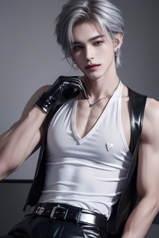 ((highest quality, 8K, masterpiece: 1.3)), Handsome boy from a visual kei band:1.5, 20-year-old、Delinquent boy、 well-groomed face, silver hair color、thin face、（white skin:1.5）、silver eyes、boy with makeup、Super handsome、Extra-fine face, handsome nose, small...