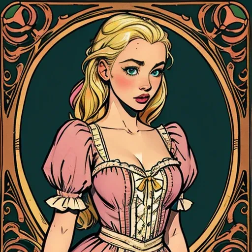 Young beautiful girl. With pale skin, blushy cheeks and pink lips. With blonde hair and green eyes. Wearing a blues victorian dress.