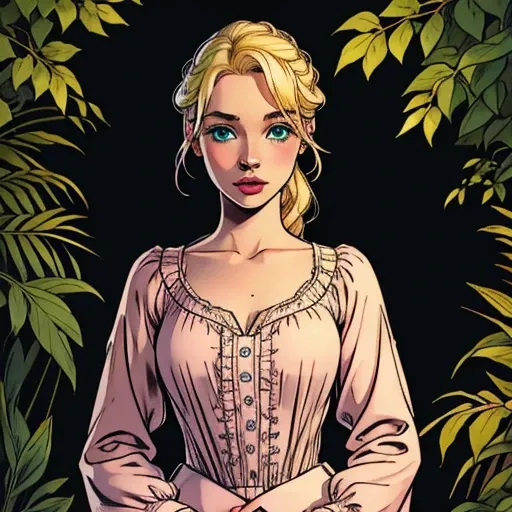 Young beautiful girl. With pale skin, blushy cheeks and pink lips. With blonde hair and green eyes. Wearing a blues victorian dress.