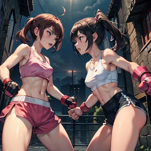 dynamic battle action, A male and a female (((stand squarely facing each other))), (((they are fighting so hard in the back-street))). (((they are punching each other))). (((glaring at each other))), a cute Japanese high school (((girl fighter))) is fighti...