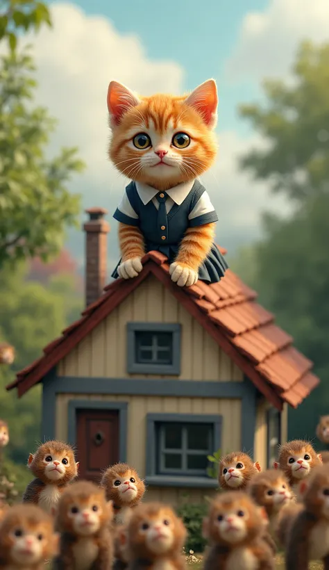 kitten (kitten cat orange , cute, dressedschool uniform), hide on top of the house, surrounded by a swarm of monkey pups