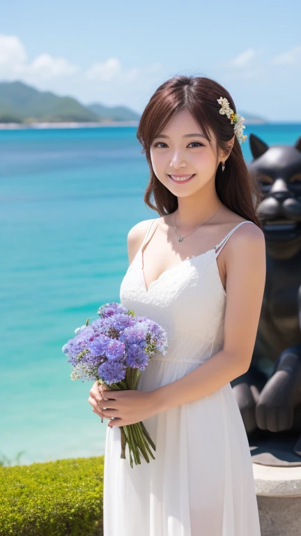 Shisa Day
Beautiful woman smiling next to Okinawa's traditional red Shisa statue。 Wear a white dress and flower decorations 、 Blue ocean and beach in the background 、Summery and refreshing atmosphere 。