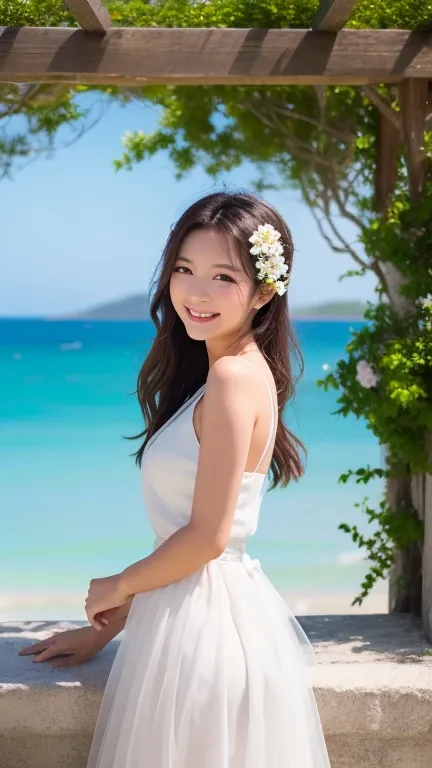 Shisa Day
Beautiful woman smiling next to Okinawa's traditional red Shisa statue。 Wear a white dress and flower decorations 、 Blue ocean and beach in the background 、Summery and refreshing atmosphere 。