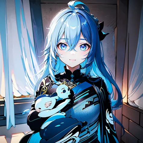 （Light blue and dark blue half color hair:1.5）、 best detail、((( pretty face、Baby Face)))、((( perfect anatomy、 best composition、 top quality、's greatest masterpiece、 super detailed、 high definition、CG、)))、Black simple background 、 chibi、 cute、 Best Smile、 h...