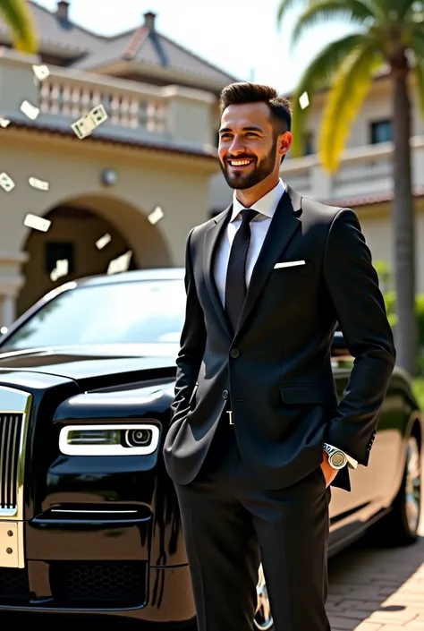 A business man style stand rolls Royce Phantom front ultra luxury see full banglow with smile and fly money 1040mp image 