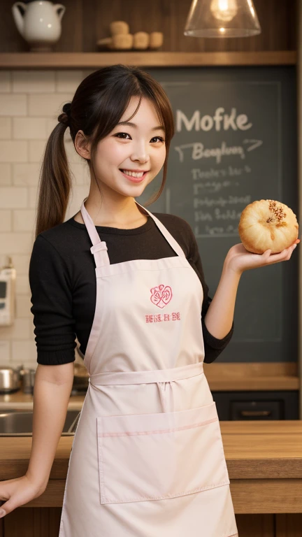 あんパンの日
A cute and cheerful girl with twin tails, wearing a pastel-colored apron, holding a freshly baked anpan. She takes a small bite with a delighted expression. Cozy café setting, warm and inviting, ultra-detailed."