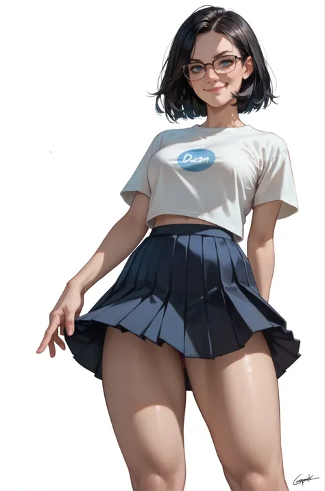 1girl, sexy, freckles, smirk, closed mouth, blue eyes, black hair, medium breasts, glasses, cropped t-shirt, pleated skirt, thighs, standing, dynamic angle, (white background)