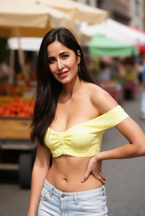 (((16k photograph))) 20-year-old brunette girl, long brunette hair, large breasts, deep cleavage, pastel yellow off-the-shoulder crop top with tiny polka dots, paired with low-waisted light denim shorts, standing, one hand resting on her hip, smiling big w...