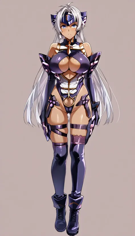 [(1girl)], xs t-elos, Incredibly huge and large breasts,silver hair,long hair,purple leotard(There is very little fabric,), Dark brown skin, Thigh-length boots, Purple above-elbow gloves, Forehead Protector, Forehead protector, purple thigh straps, purple ...