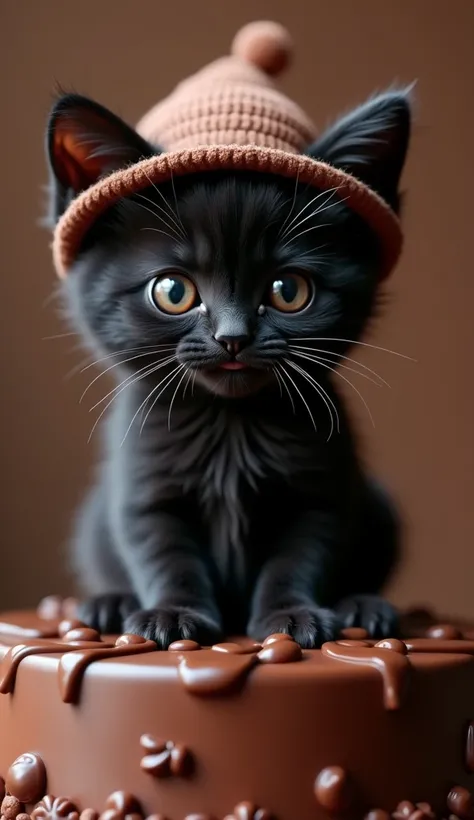 black kitten wearing a chocolate pattern hat、チョコレートケーキのsuperiorで座っている　 facing here、 are warm 、 with a relaxed atmosphere　superior