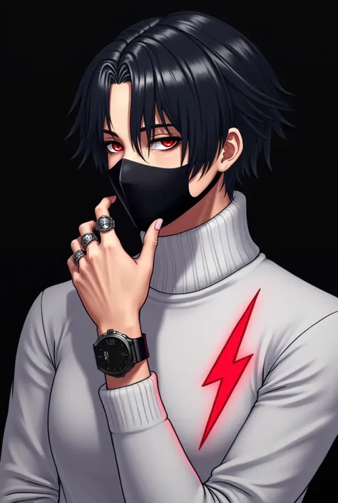 A stylized portrait of a person with men character, hair featuring black and white strands, partially obscured by a black face mask. They wear a white, high-collared sweater that has a glowing red lightning bolt design on the side. Their hand, adorned with...