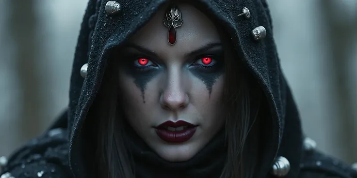 A woman dark elf warrior with similar features like Sylvanas Windrunner—pale skin, undead (but very recently undead) glowing red eyes, and a mystical aura—wearing revealing fantasy armour with silver skulls, Cloak and hooded also showing a beautiful pale m...