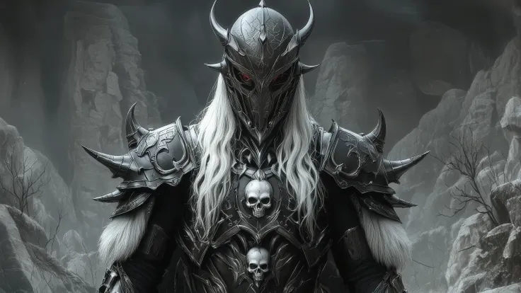 " Describe a character with elaborate, dark armor .  The armor includes a helmet with intricate designs and sharp, pointed features,  a breastplate with a skull motif and shoulder pads adorned with fur . The character has long white hair .  The overall loo...