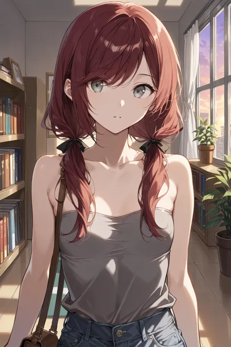  (Masterpiece, best quality), intricate details, stoic ,((gray eyes, swept bangs)), thin,swept bangs, dark red hair, low twin tails, hair ribbons, gray strapless top, jeans, ((long swept bangs)), small breasts, toned arms, satchel, bookshelves, books, pott...