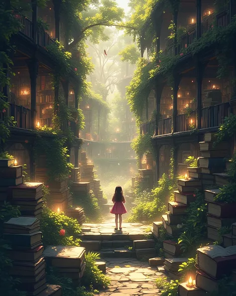 1 girl,Read,A captivating illustration of a stack of books nestled together, forming a mini library in a cozy, natural setting. Each book is meticulously drawn with visible texture and detail, as if they beckon to be read. The soft, warm glow of the settin...