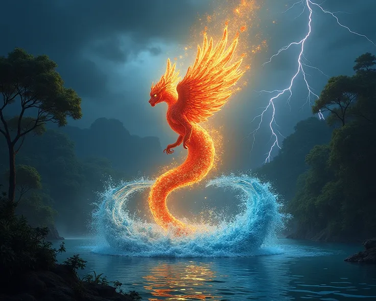 In the mystical Lake Catatumbo ,  known for its spectacular thunderstorms ,  the spirits of fire and water are intertwined in a dance osa . The spirit of fire ,  with intense red flames and golden sparkles ,  moves gracefully over the surface of the water ...